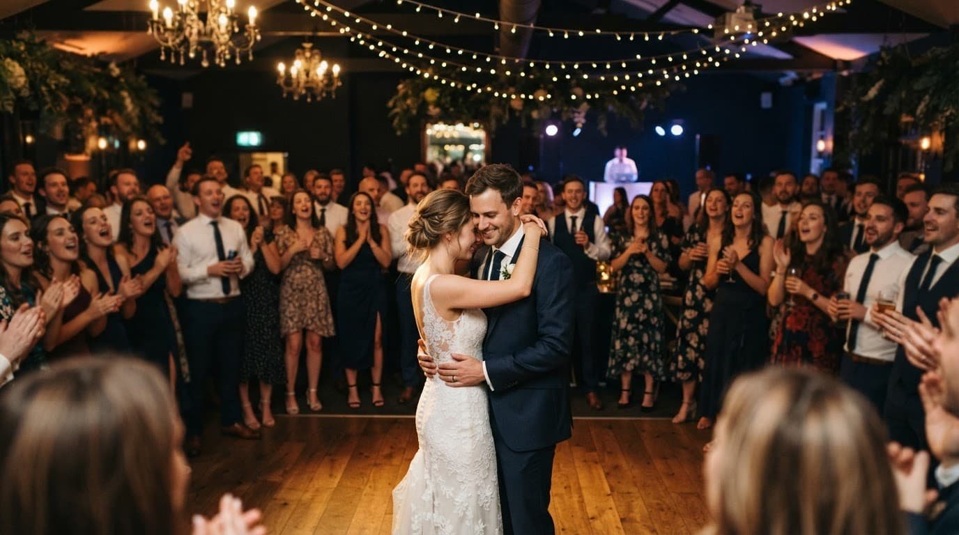Newlywed couple slow dancing as wedding guests sway beneath warm lights.