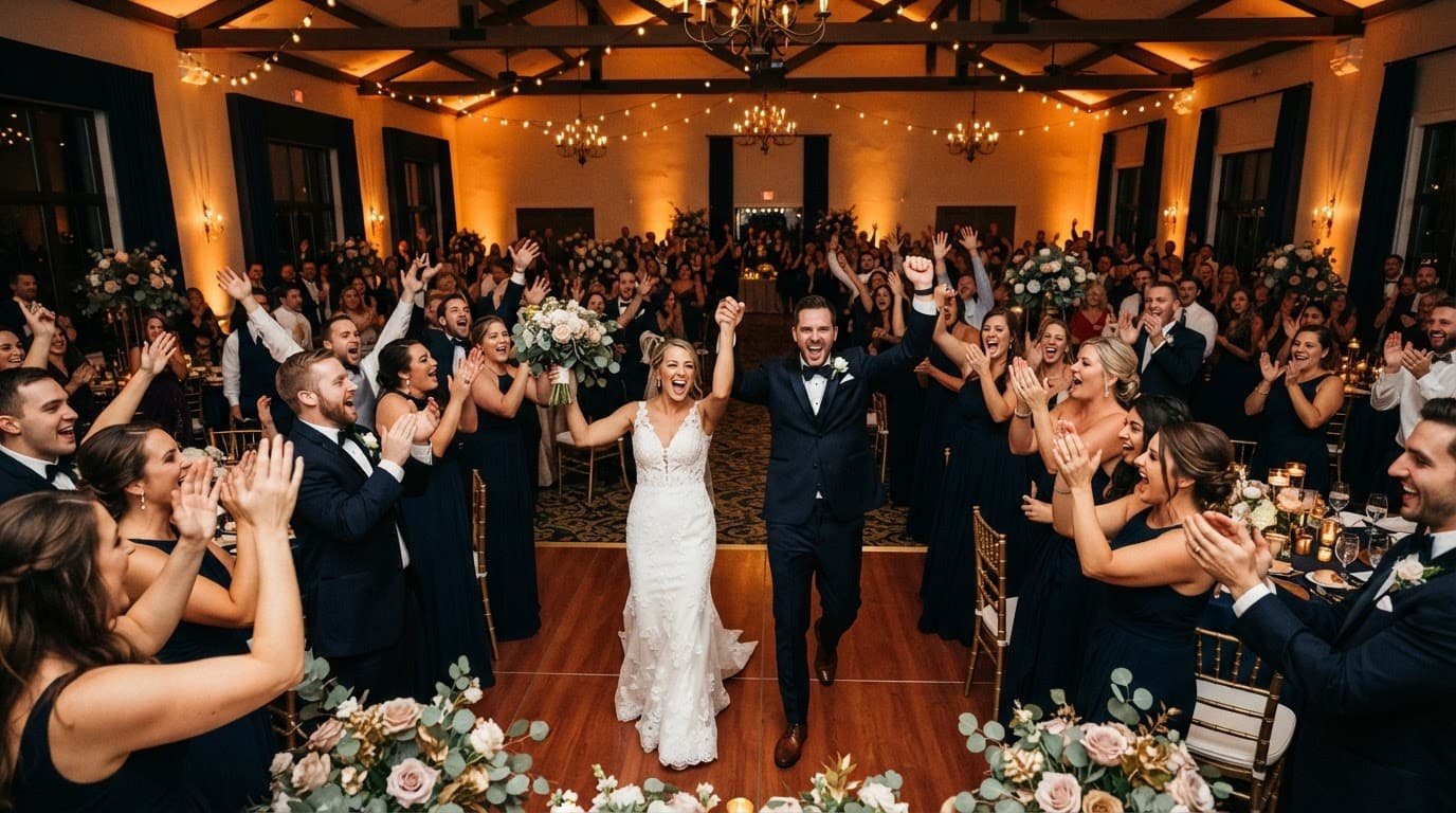 Wedding Party Entrance Songs That Start the Reception Right Newlywed couple entering a warmly lit reception as guests celebrate with raised hands.