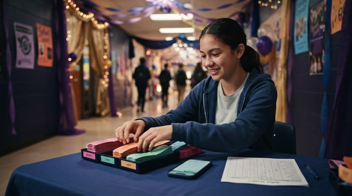 School Dance Ticket Sales Ideas That Build Attendance Student arranging dance tickets and a sales tracker on a decorated school table.