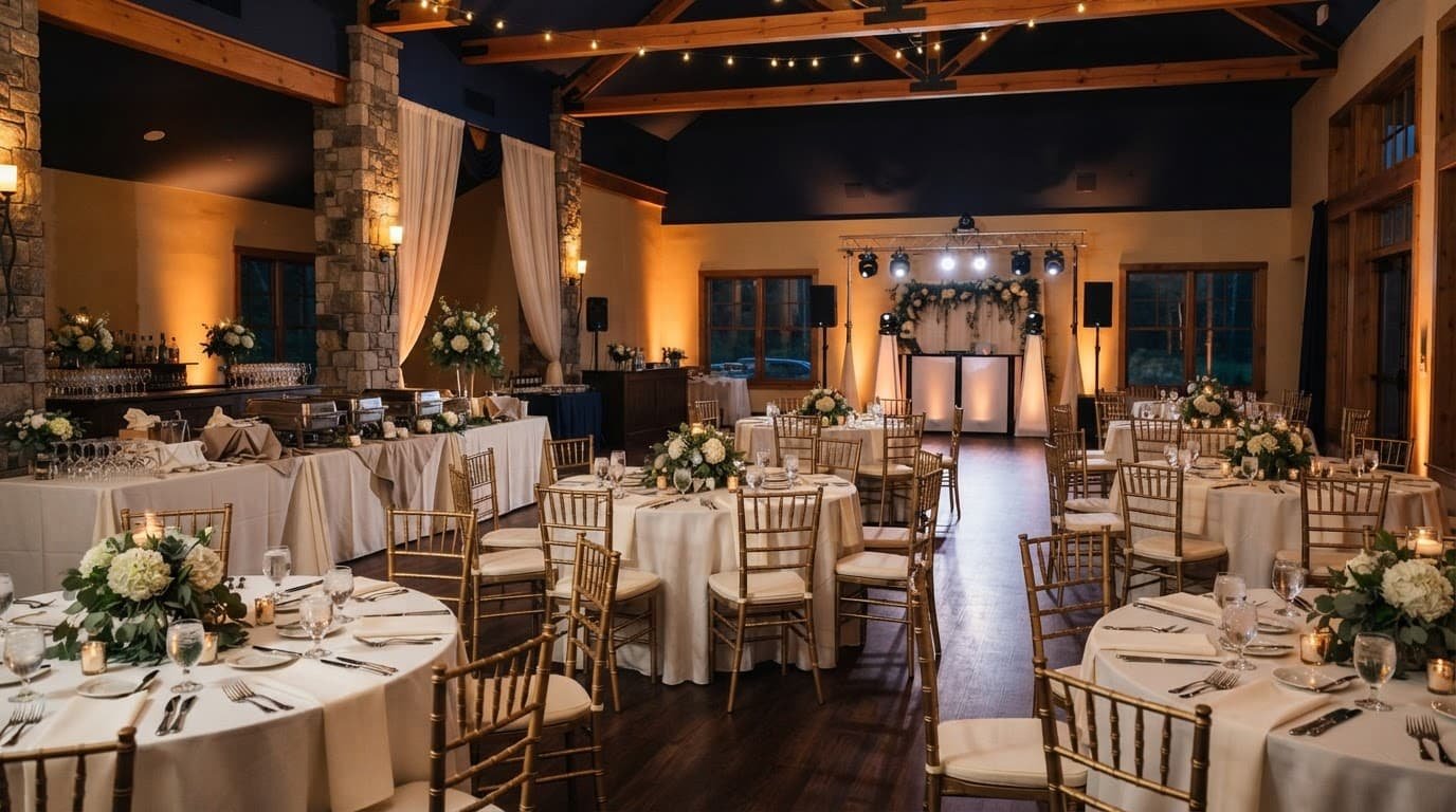 Wedding tables, open aisles, service stations, and a DJ area in a warmly lit reception hall.
