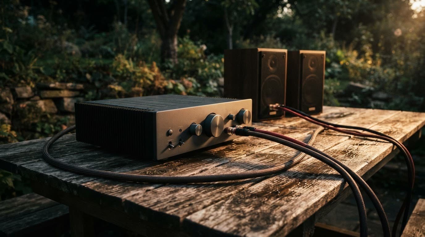 Stereo amplifier and speaker cables on a rustic wooden table outdoors.