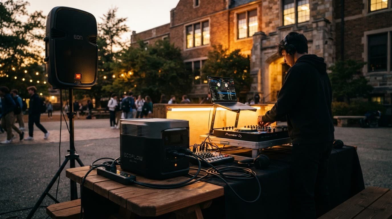 School Dance DJ Power Requirements, Planned Safely A portable power station supplies electricity to a DJ setup outside a school.