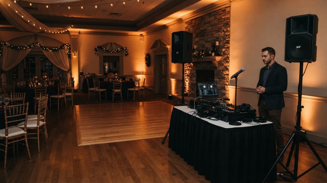 Nashua Private Party DJ Guide for a Smooth Celebration DJ equipment and speakers arranged in a banquet room with chairs and an open dance floor.