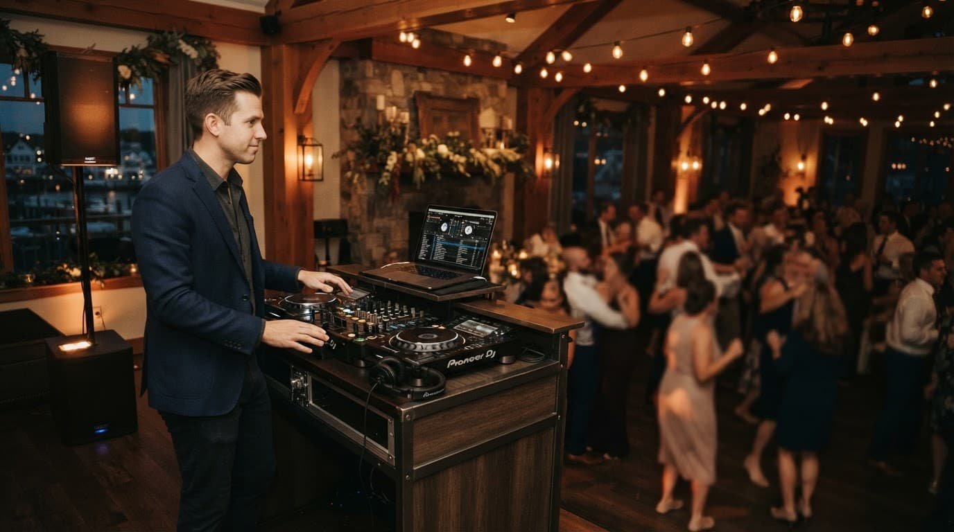 Portsmouth NH DJ Planning for Private and Corporate Events A DJ performs beside an open dance floor at a warmly lit wedding reception.
