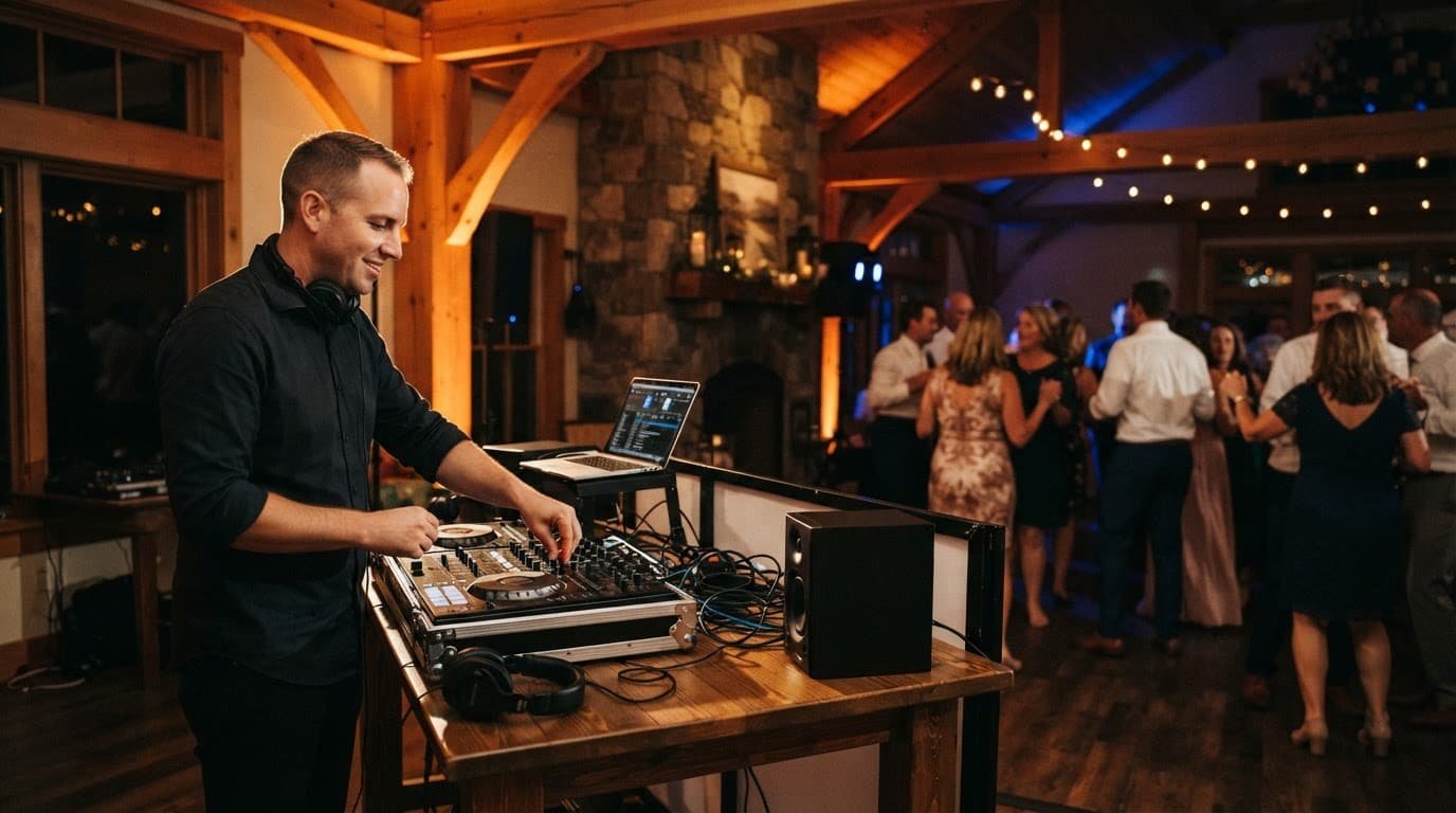 Nashua Private Party DJ Guide for a Smooth Celebration A DJ works at a mixer beside a warmly lit celebration area.