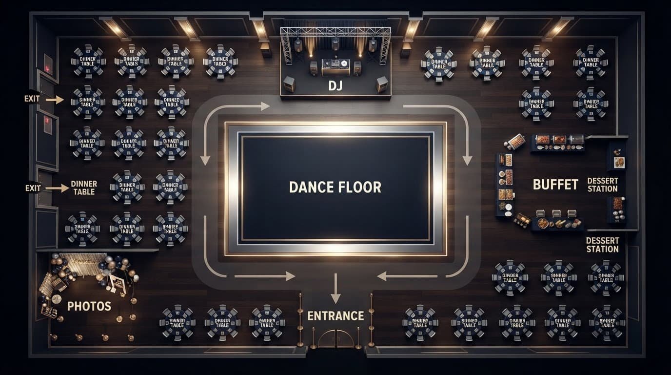 Overhead prom floor plan with tables, dance floor, DJ stage, food stations, photos, entrance, exits, and open paths.