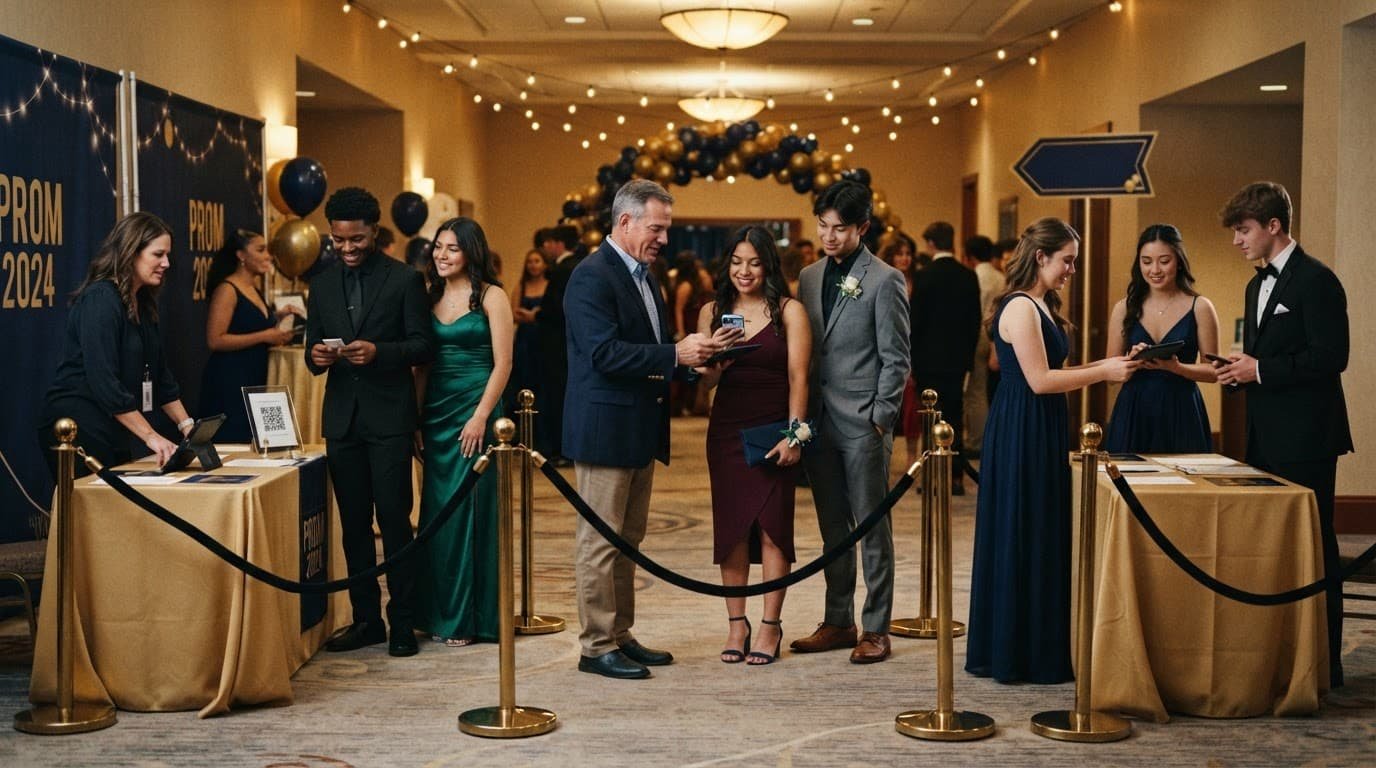 Six students and three volunteers use separate prom check-in stations in a decorated ballroom foyer.