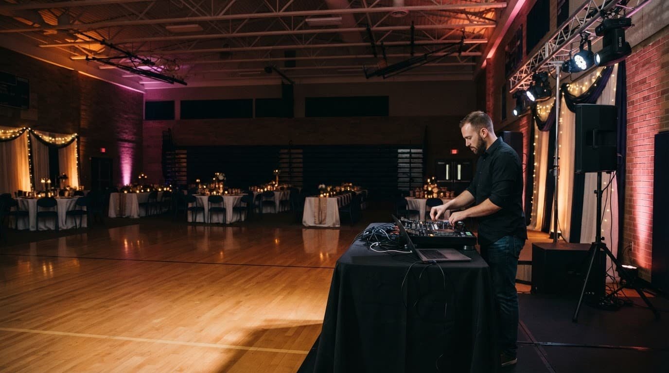 A DJ operates a console in a decorated gym with speakers and colorful wall lights.