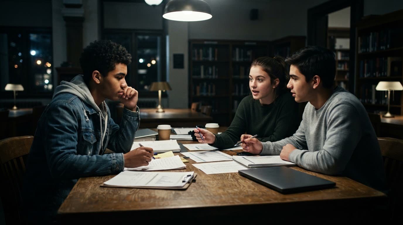 Three students review prom plans and budget sheets around a wooden library table.