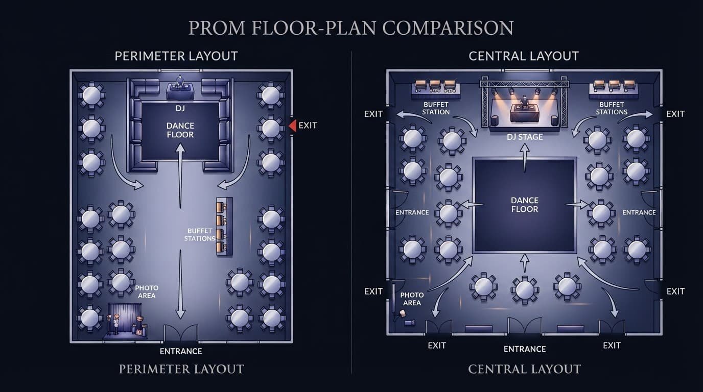 Two prom floor plans compare perimeter and central dance layouts with seating, DJ, buffet, photo, and exit zones.