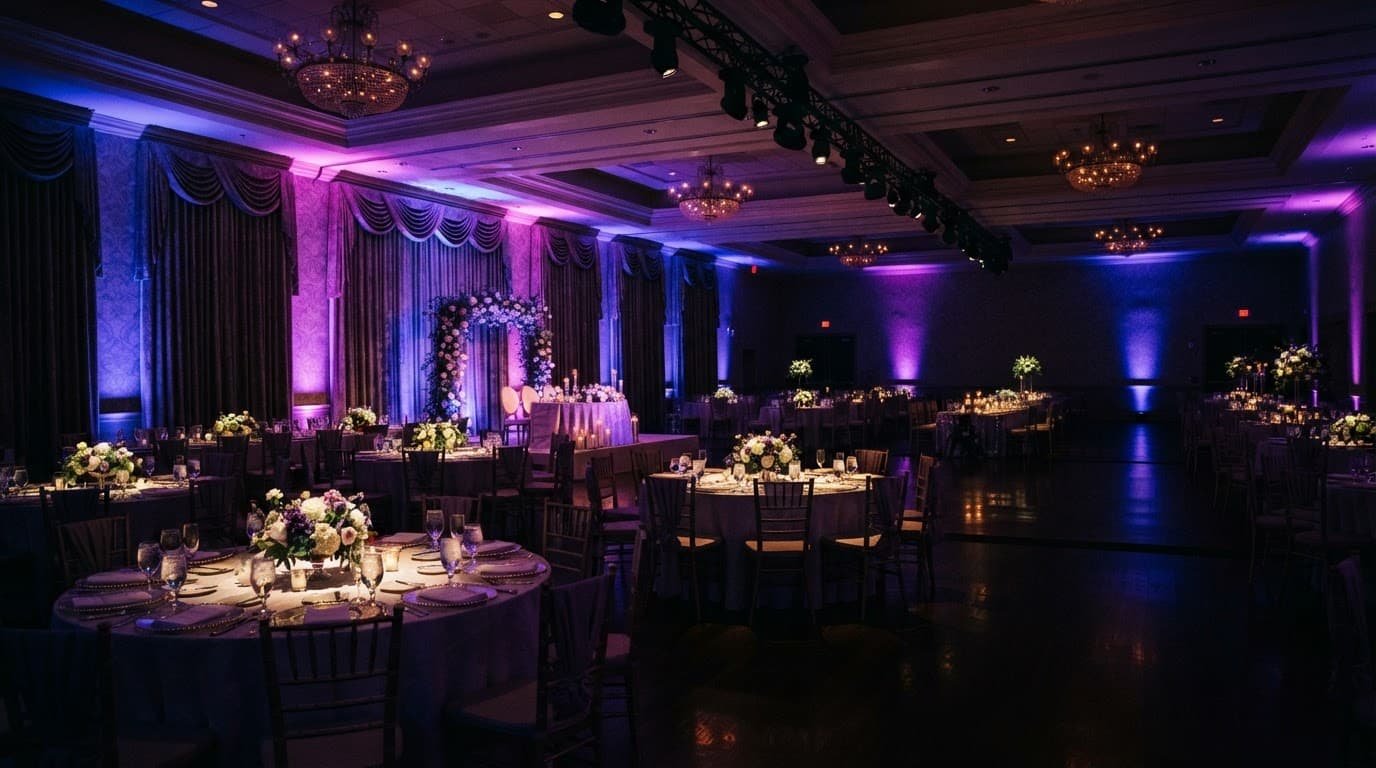 Empty wedding ballroom with purple and blue lights and illuminated reception tables.
