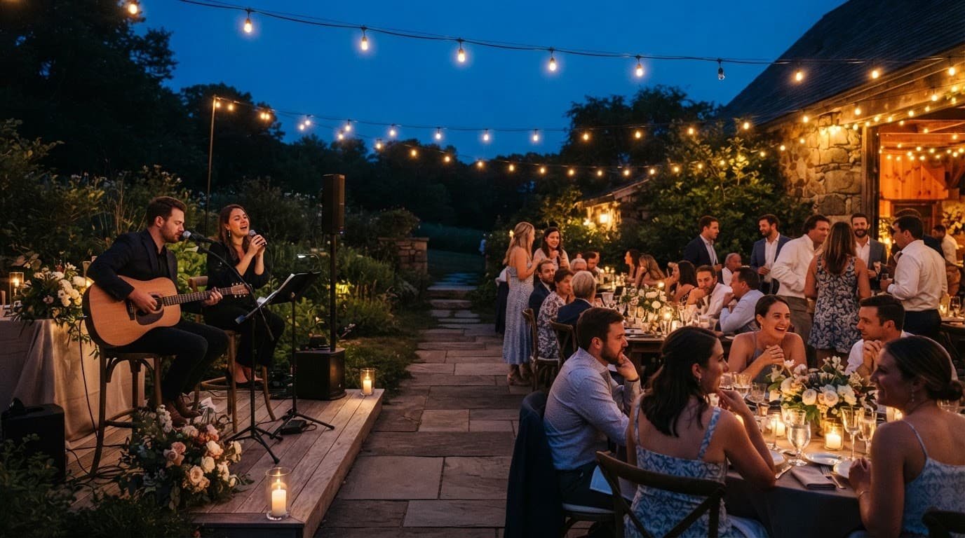 Two musicians play acoustic music beside guests chatting at a warmly lit wedding patio.