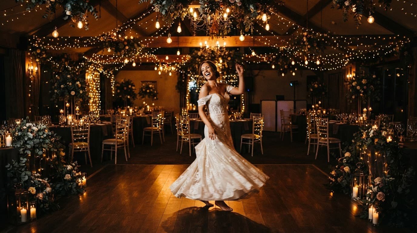 A warmly lit wedding reception with set tables, a dance floor, and one person.