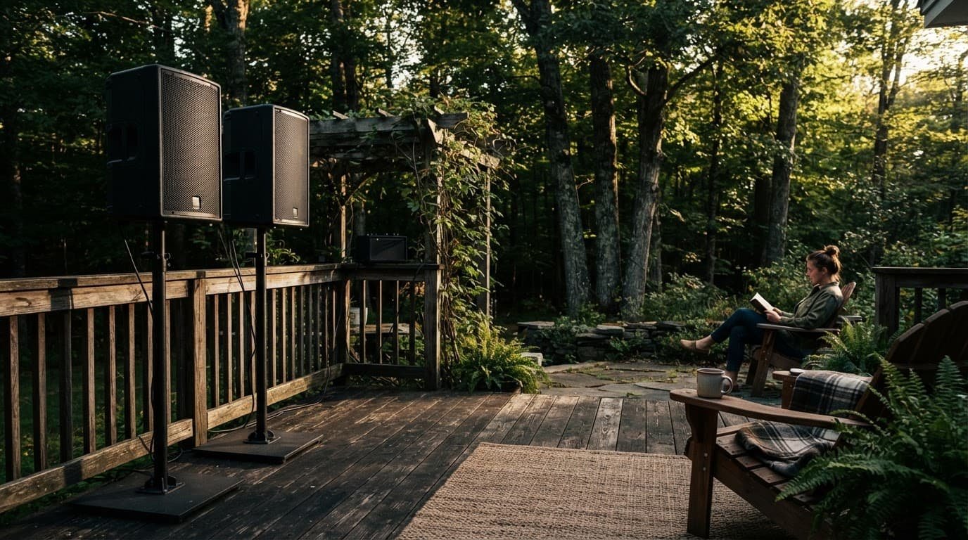 Outdoor speaker on a wooden deck with trees and one person in the background.