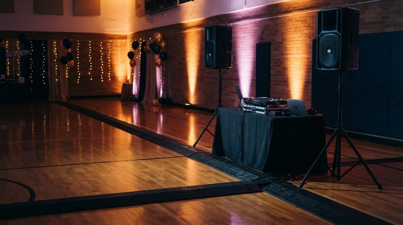 Covered audio cables and speakers arranged safely in an empty prom venue.