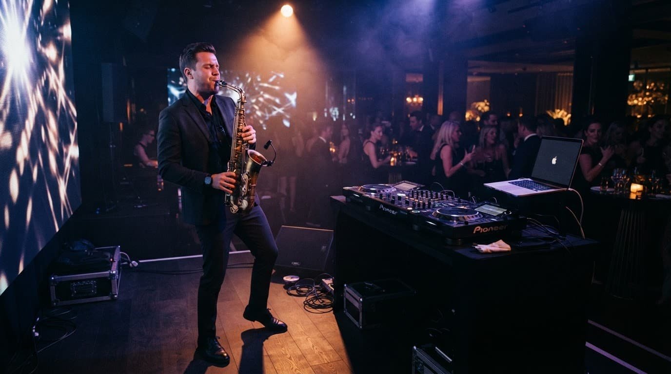 A saxophonist performs beside a DJ console on a lit event stage.