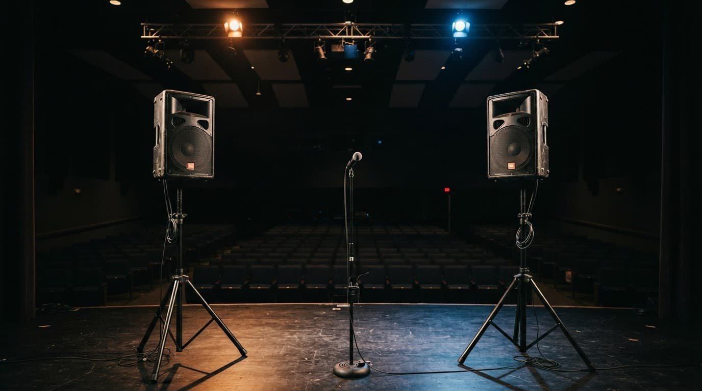 Two speakers and wireless microphones on stands in a dramatically lit school auditorium.