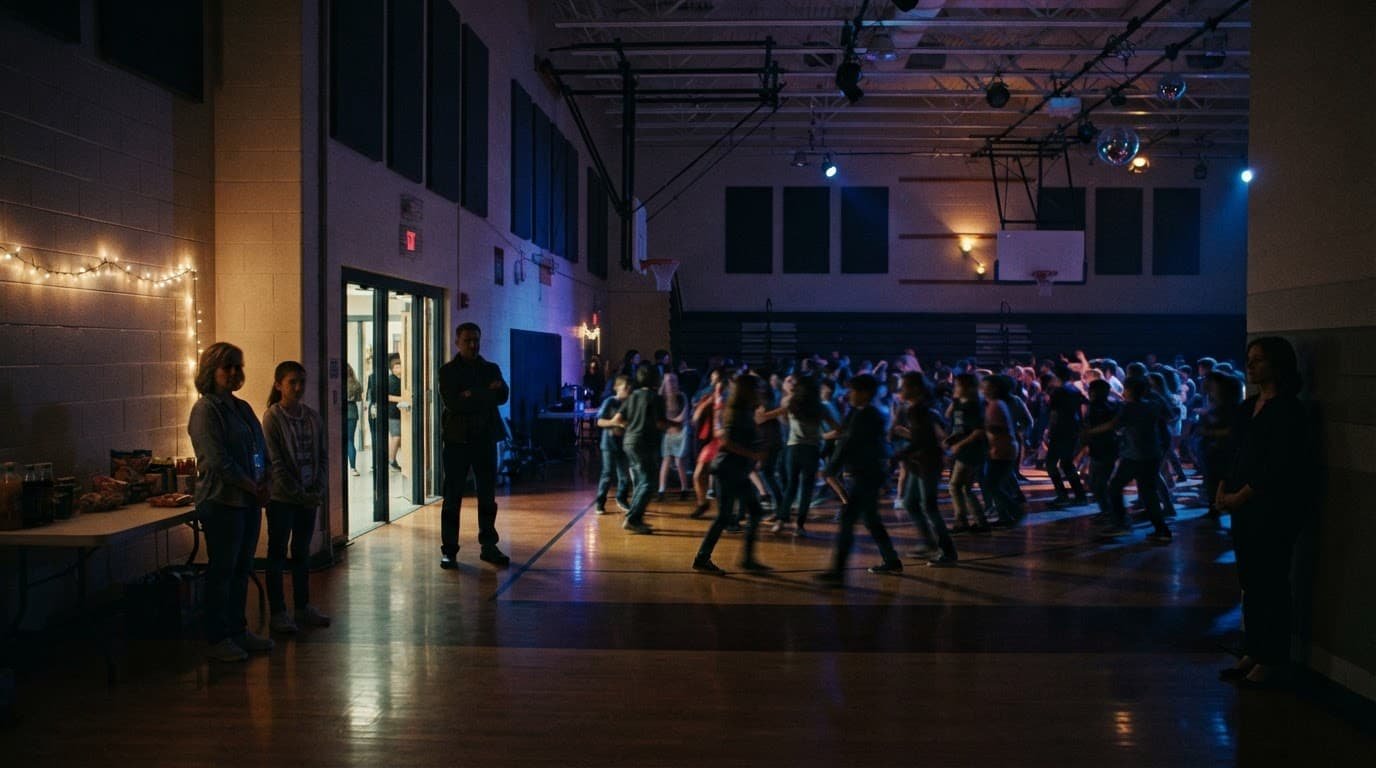 School Dance Chaperone Guide for Calm Crowd Control Four chaperones watch students dancing in a gym with a doorway and refreshment area visible.