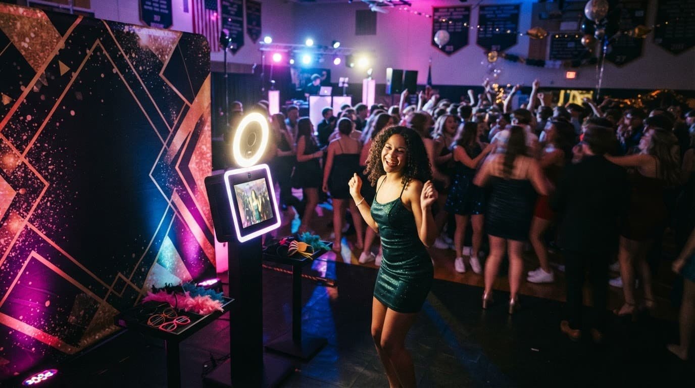 A student poses beside a digital booth with colorful lights.