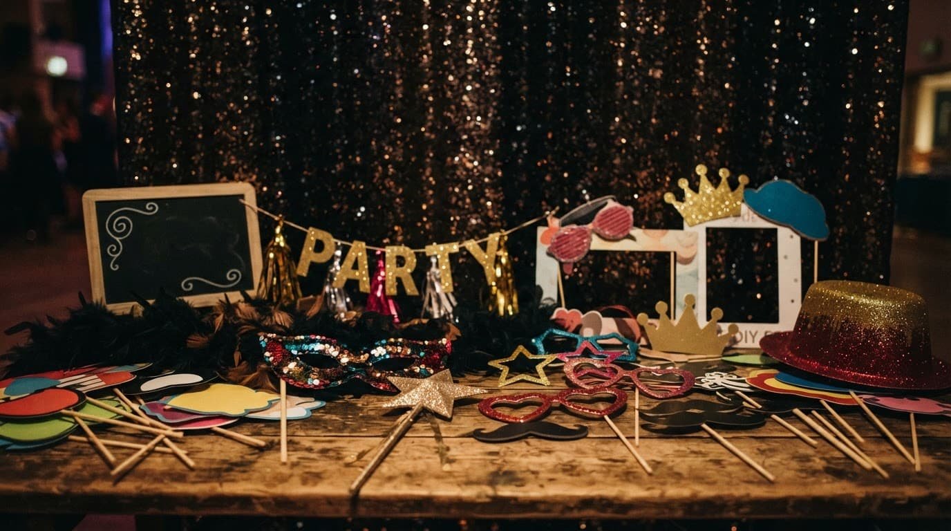 DIY photo props sit on a wooden table before a shiny sequin backdrop.