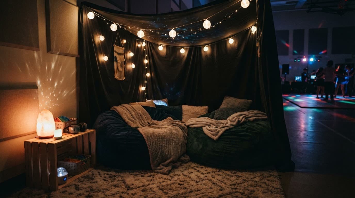 Sensory-Friendly School Dance Ideas That Welcome Every Student Empty dance venue corner with bean bags and warm, low lighting.