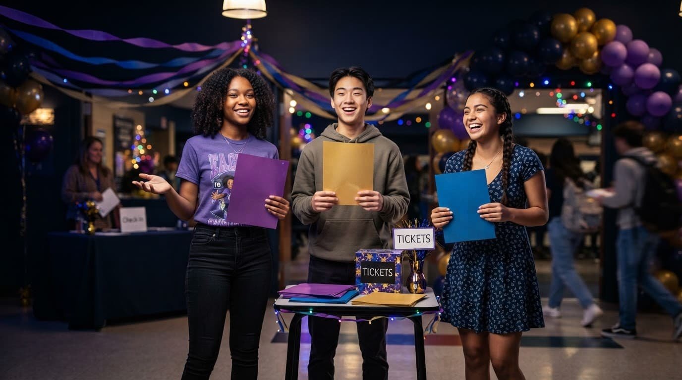 School Dance Ticket Sales Ideas That Build Attendance Three students hold colorful flyers beside a decorated school dance ticket table.