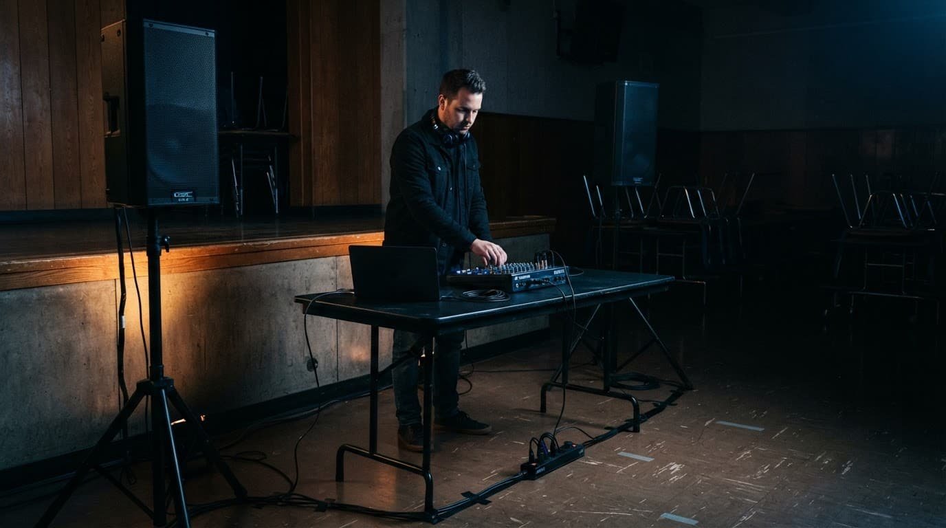 School Dance DJ Load-In Checklist for Gyms and Cafeterias A DJ checks speakers, a mixer, and taped cables in a school cafeteria.