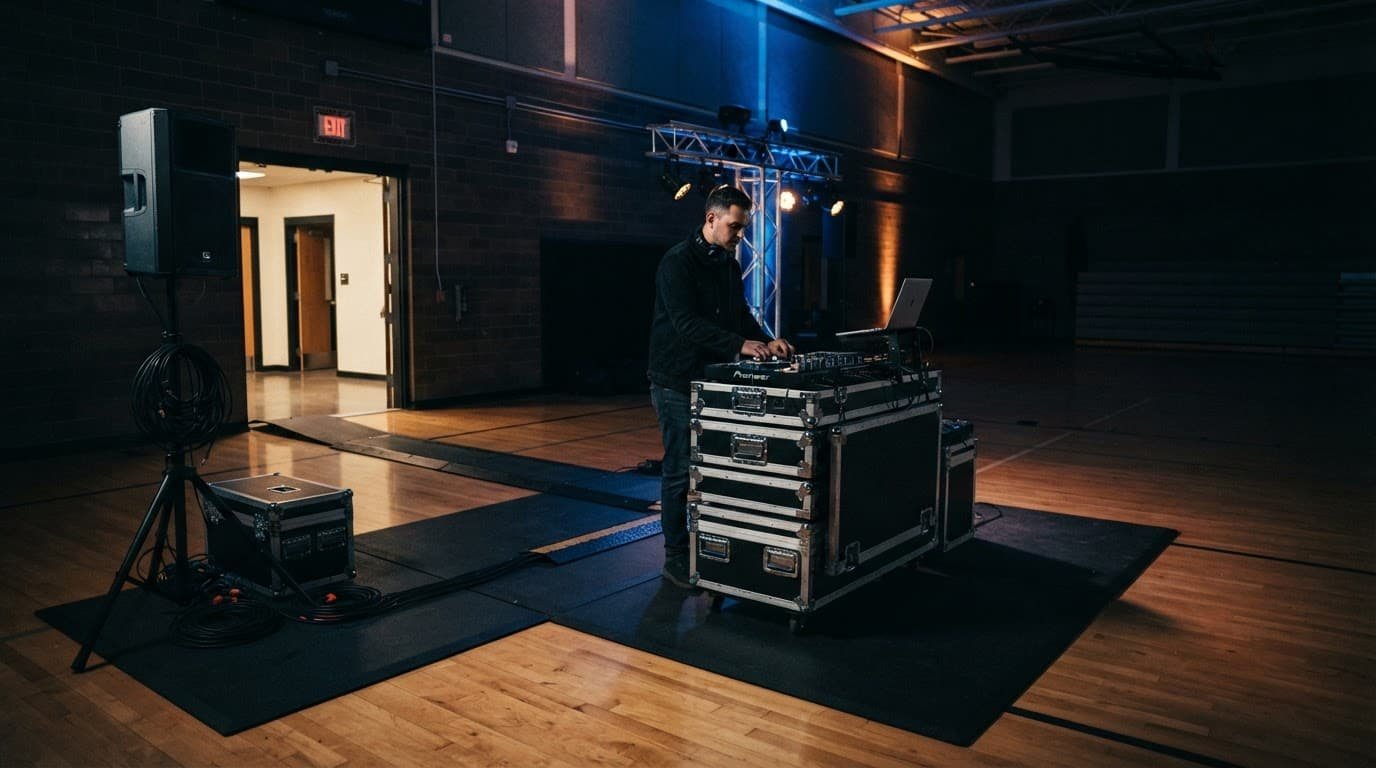 School Dance DJ Load-In Checklist for Gyms and Cafeterias A DJ organizes speakers and cases on floor mats in an empty school gym.