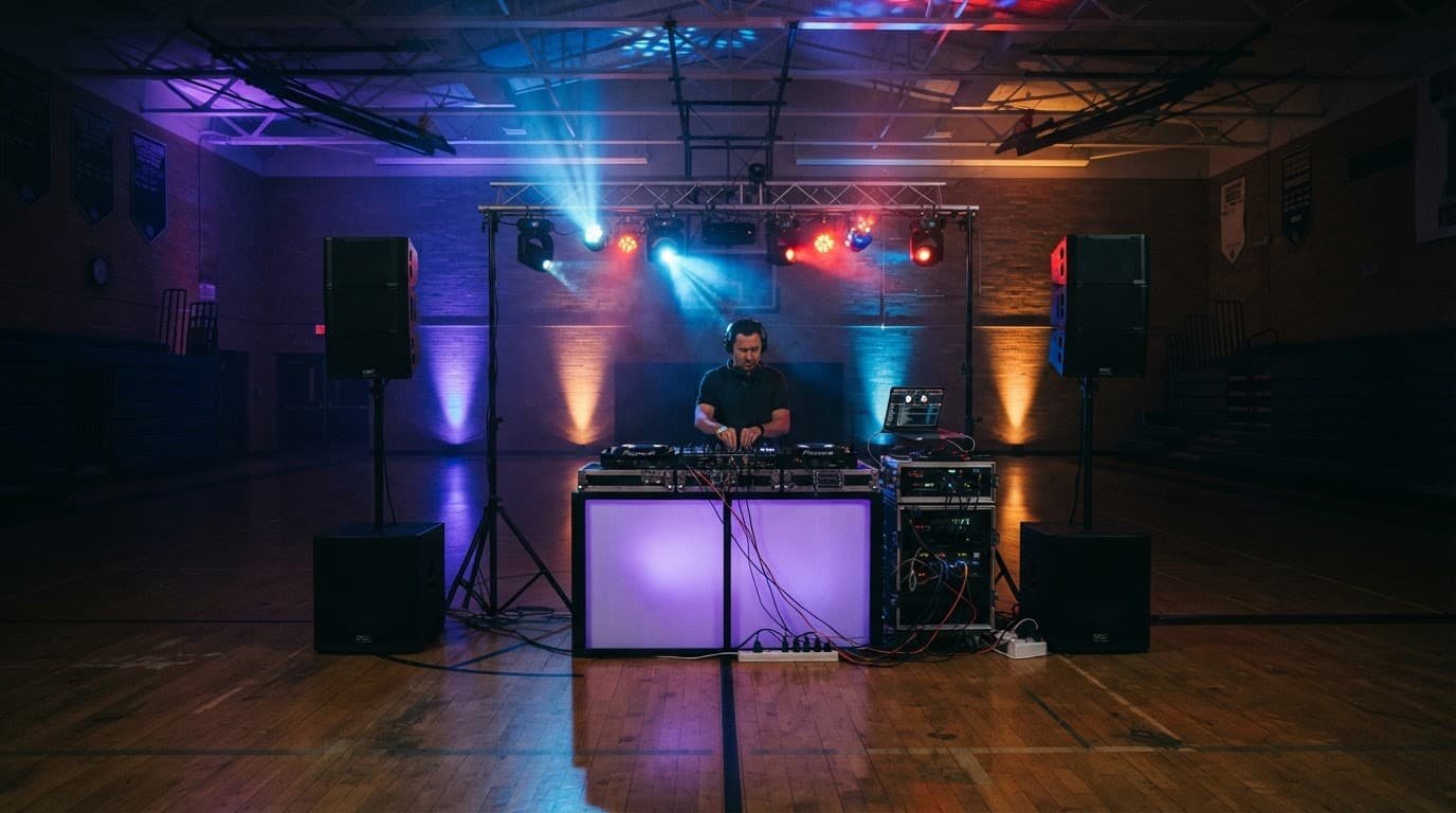 School Dance DJ Power Requirements, Planned Safely A DJ works at a console beside speakers and colorful lights in a school gym.