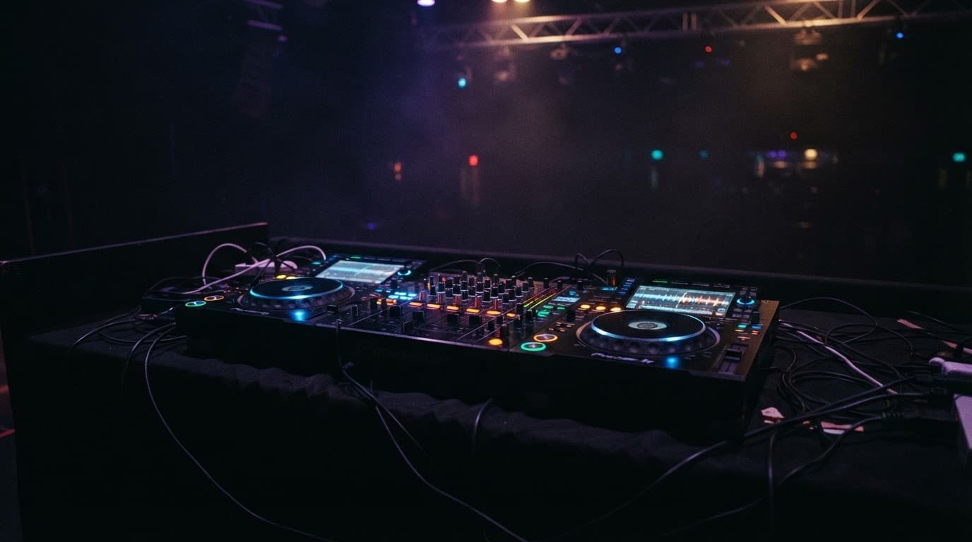 A glowing DJ console with turntables under moody stage lights.