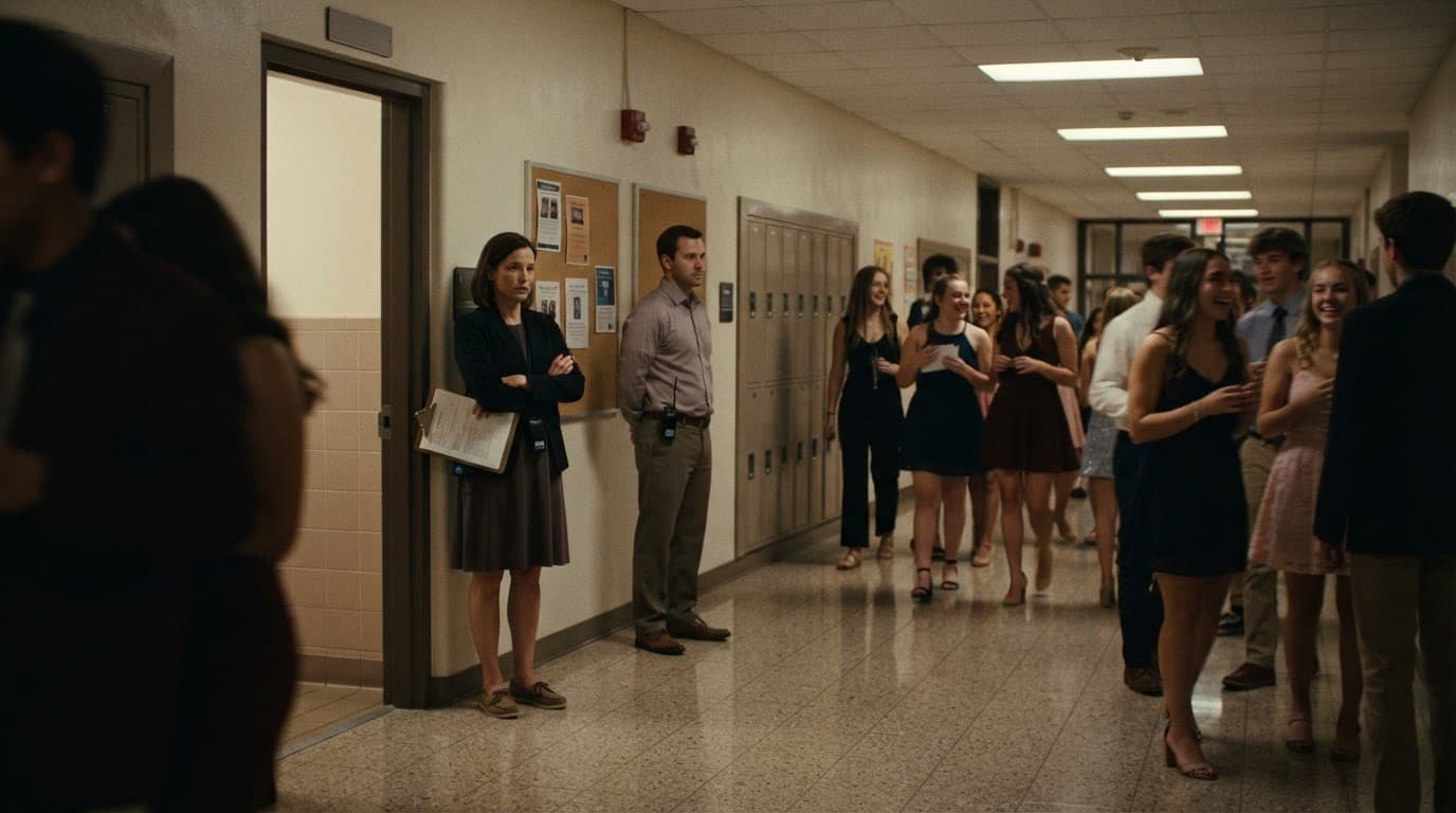 School Dance Chaperone Guide for Calm Crowd Control Two chaperones monitor a school restroom entrance as students pass in a lit hallway.