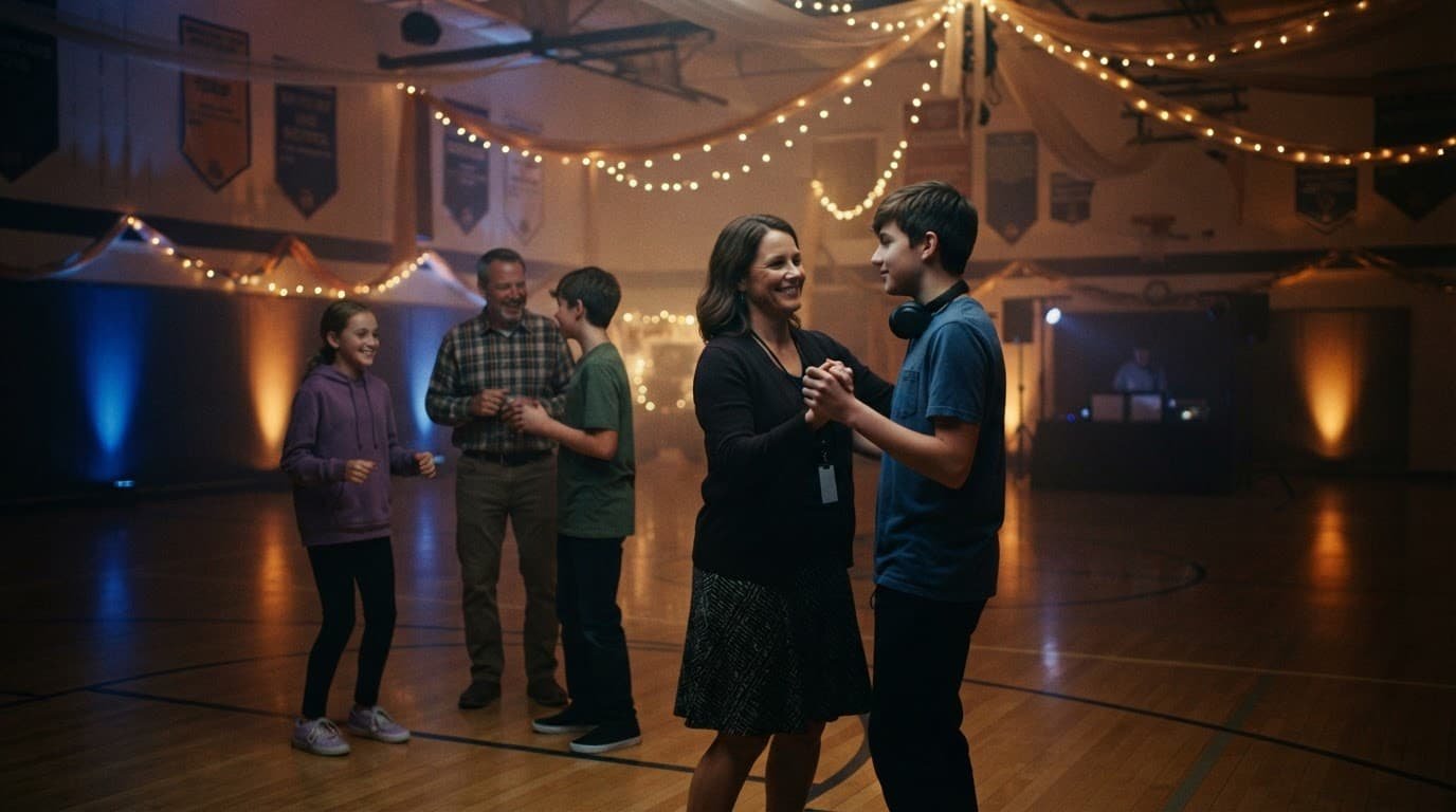 Sensory-Friendly School Dance Ideas That Welcome Every Student Students and teachers dance in a softly lit, decorated school gym.