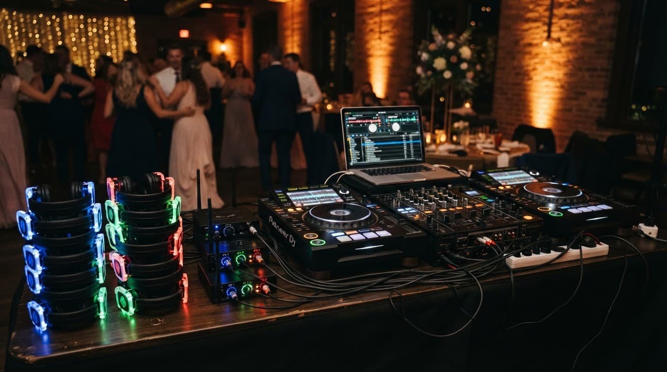 DJ table with glowing headphones, transmitters, and neatly arranged cables.