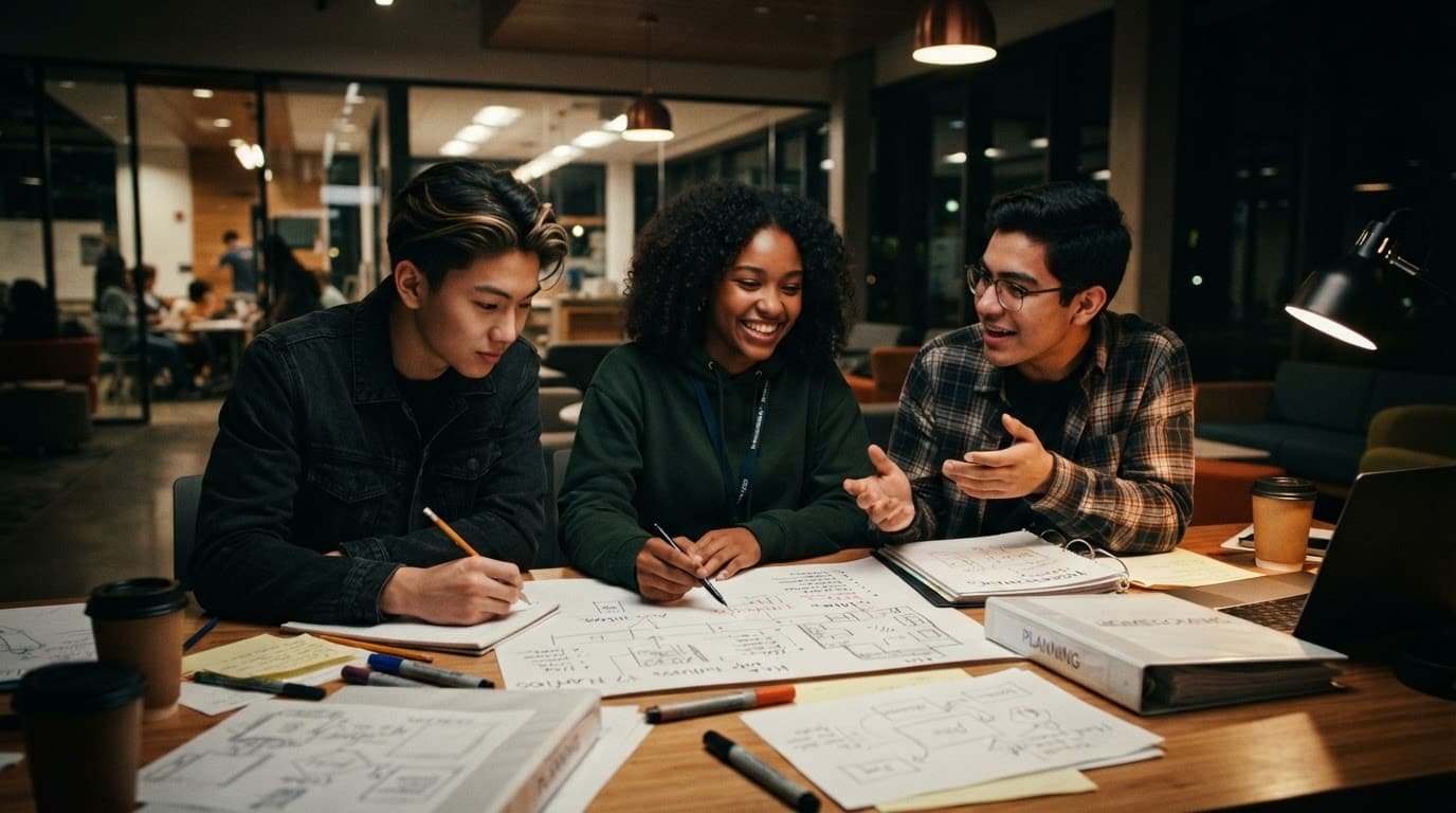 Three students collaborate around a table with sketches, notes, and planning binders.