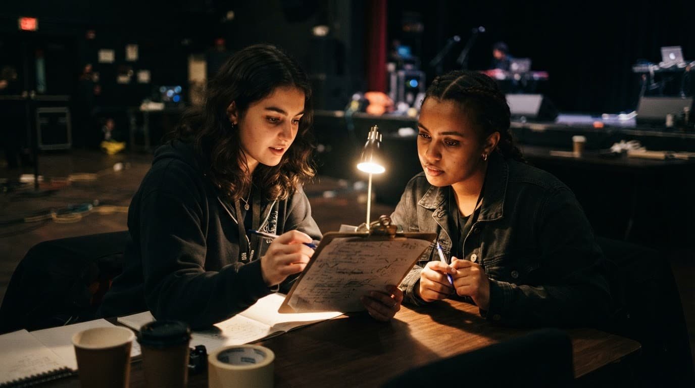 Two students review song requests on a clipboard at a table.
