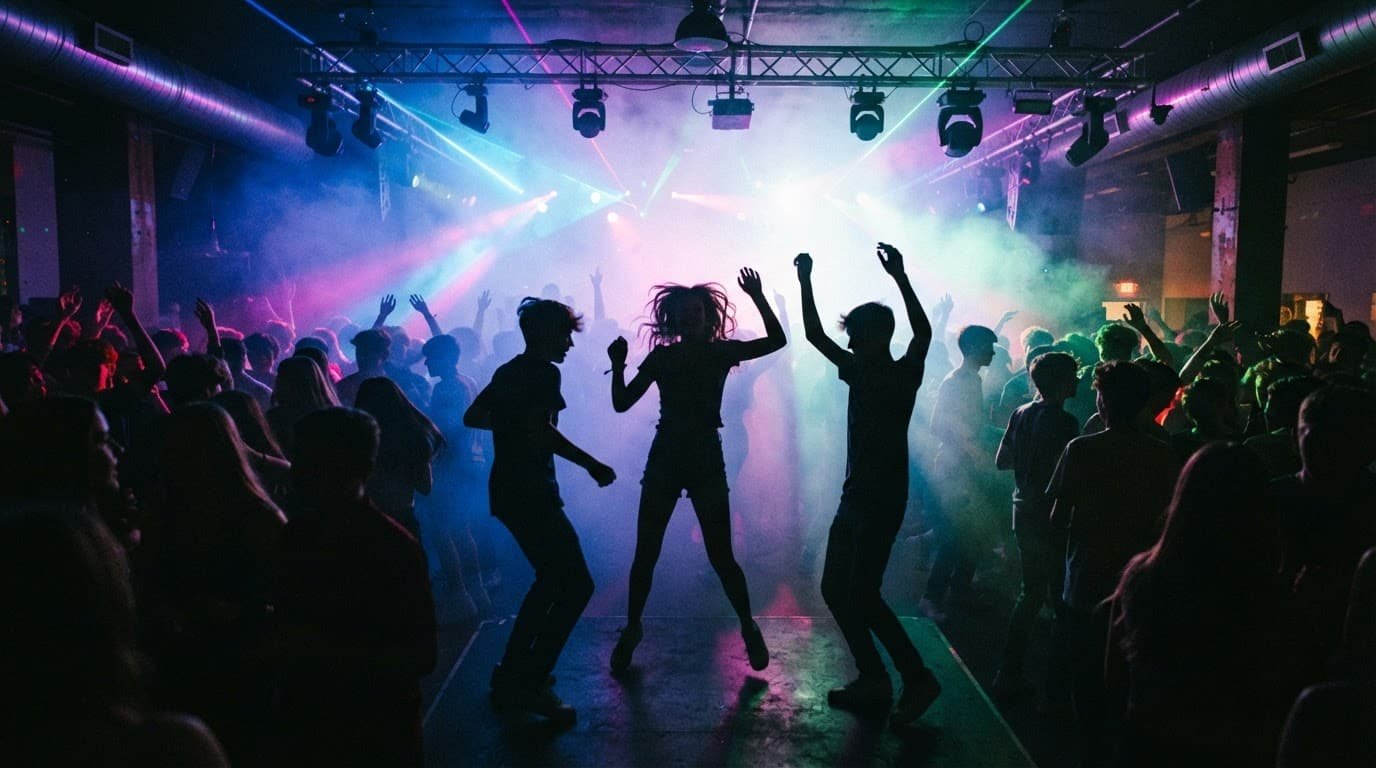 Sweet 16 DJ New Hampshire: Music Planning That Works Three teenagers dance in silhouette beneath colorful lights at a party.