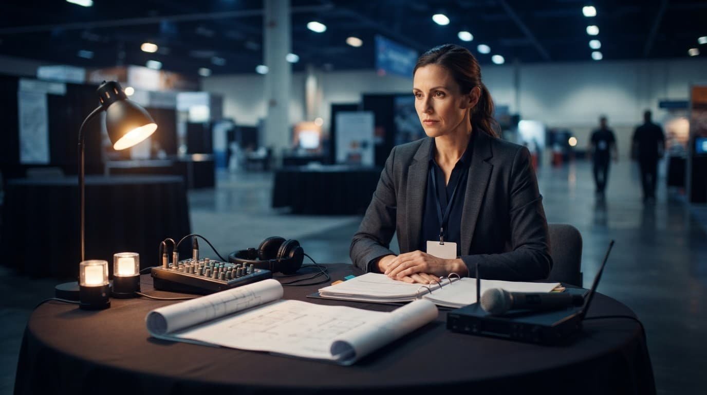 Coordinator planning a trade show booth with audio gear and event materials.