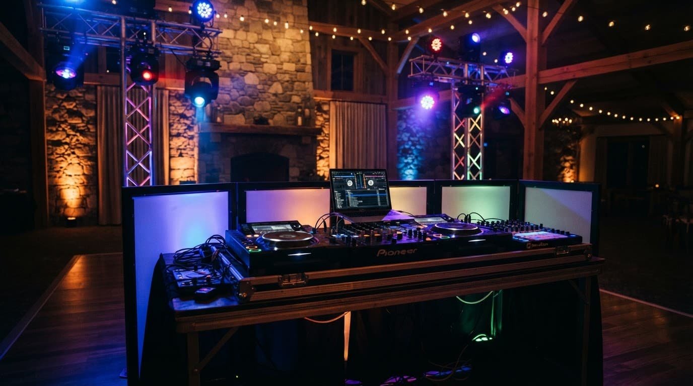 New Hampshire Fundraiser DJ Planning That Moves Donors DJ mixing decks and colorful uplights fill an upscale event venue.