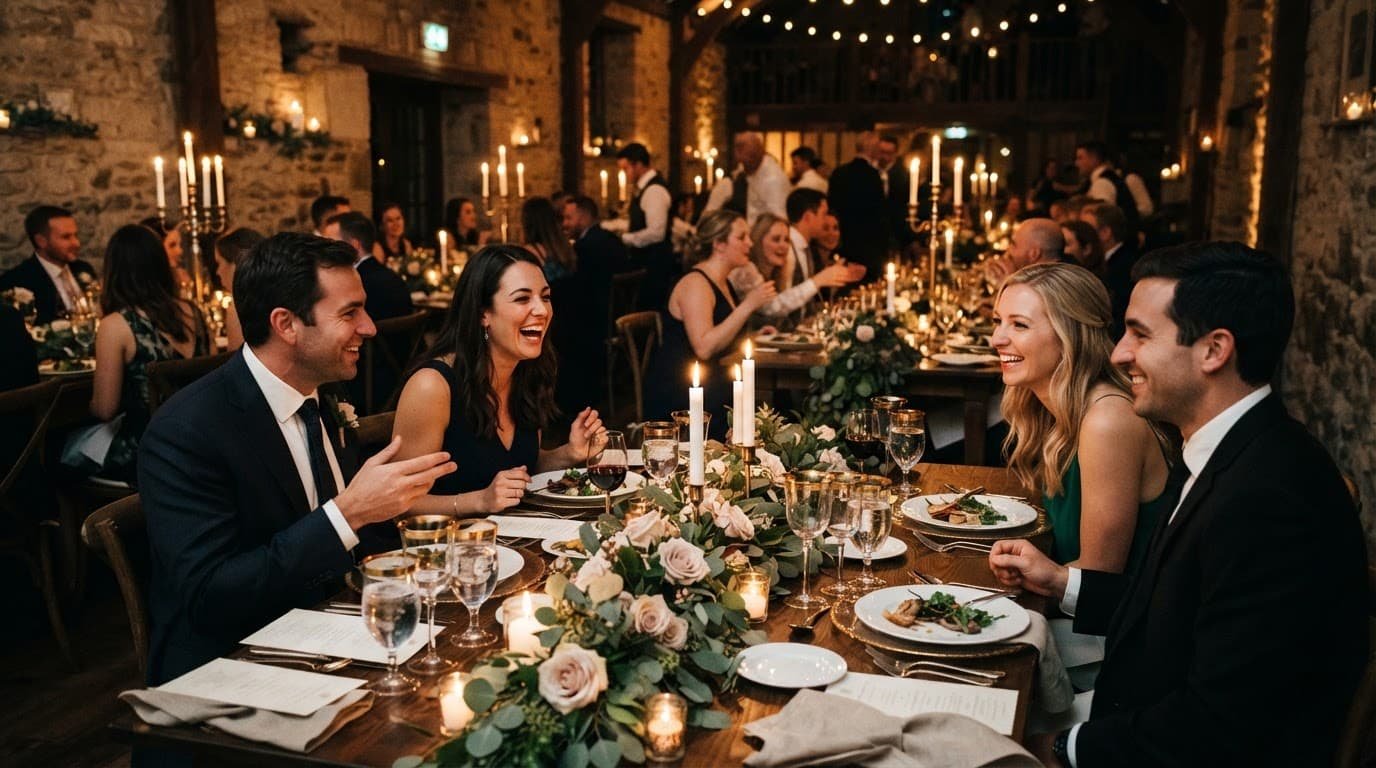 Wedding guests chat around a candlelit reception table with flowers and glassware.