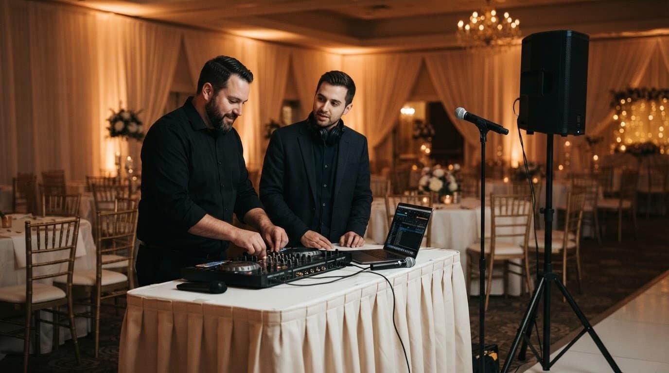A DJ and technician check audio equipment in an empty wedding venue.