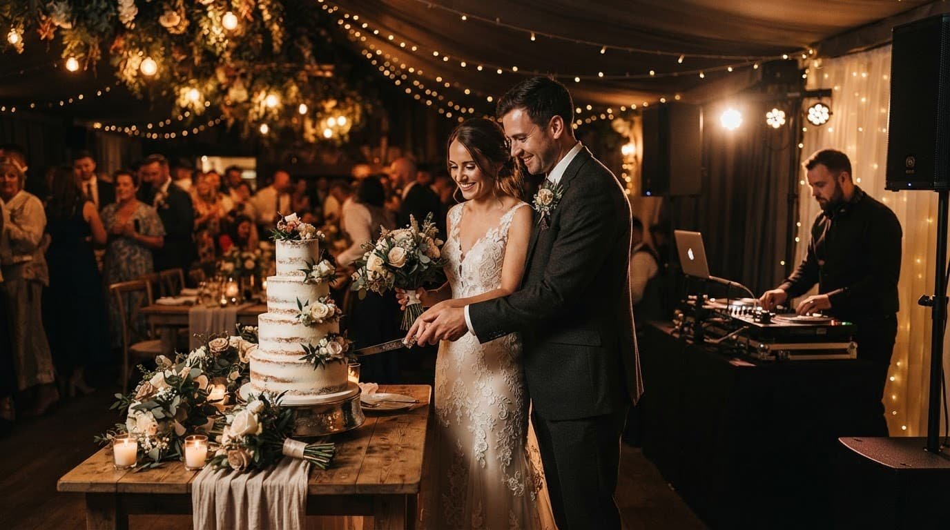 A couple cuts a tiered cake beside a DJ booth at a warmly lit reception.