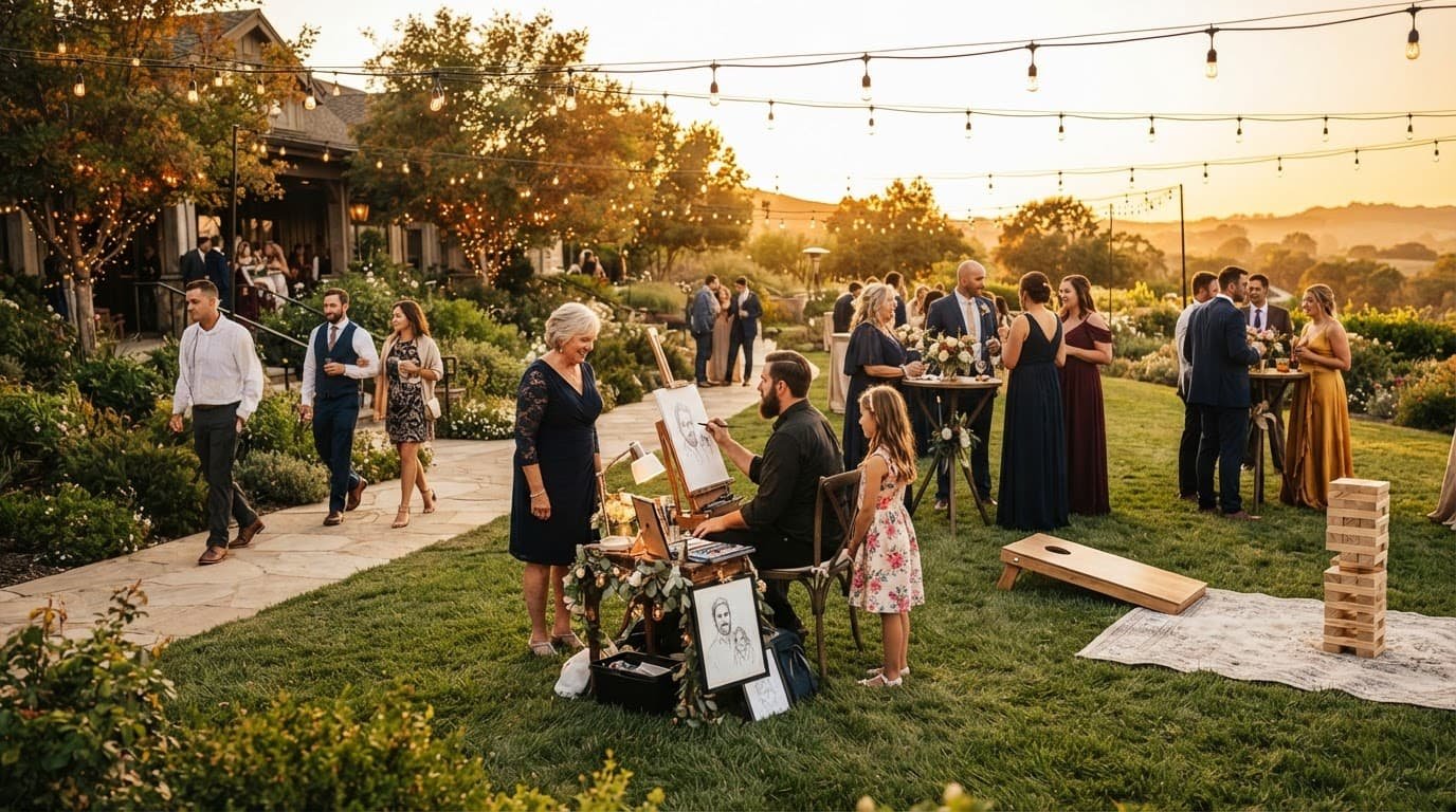 Wedding Reception Entertainment Beyond Dancing Guests chat near a caricature artist during a golden-hour wedding cocktail hour.