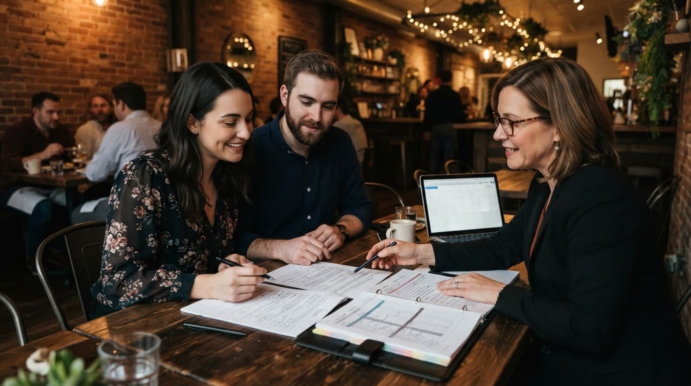 Wedding DJ Backup Plan Questions Worth Asking An engaged couple reviews wedding plans with a vendor at a wooden table.