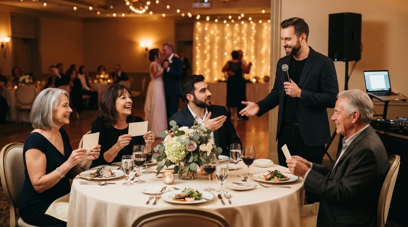 A wedding DJ guides four guests through a card game at a dinner table.