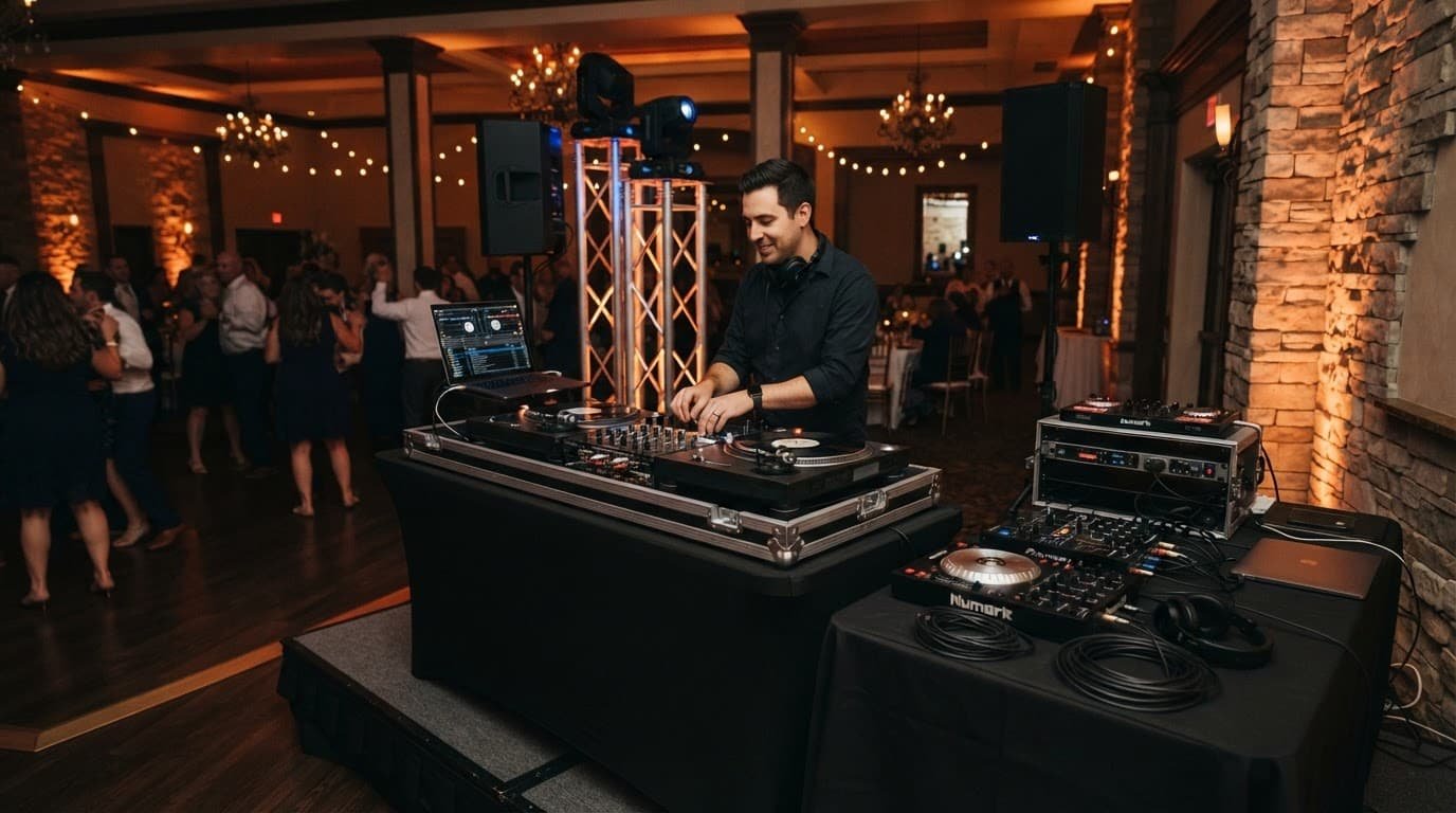 Wedding DJ Backup Plan Questions Worth Asking Wedding DJ booth with turntables, mixer, and backup audio gear in an amber-lit ballroom.