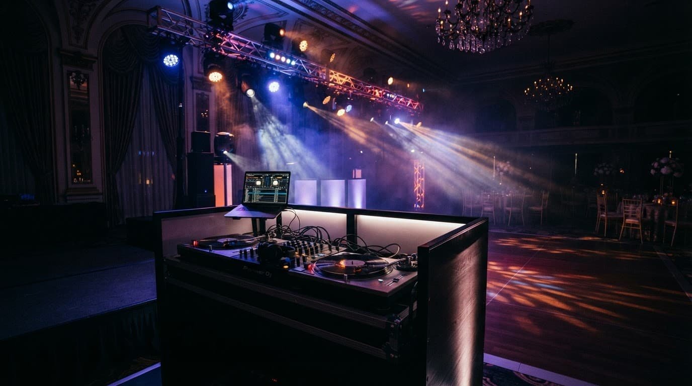 Wedding DJ equipment and colorful lights overlook an empty ballroom dance floor.