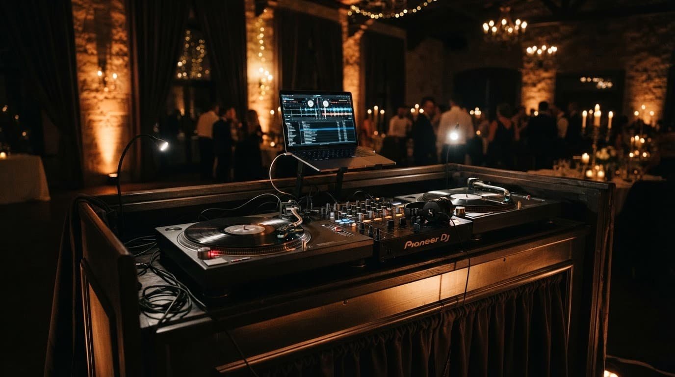 Turntable and mixer on a wedding DJ booth under warm amber lights.
