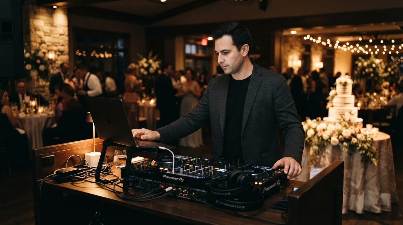 DJ preparing music beside a mixer near a decorated cake at a reception.
