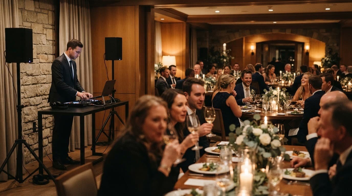 A DJ manages music beside guests dining at warmly lit reception tables.