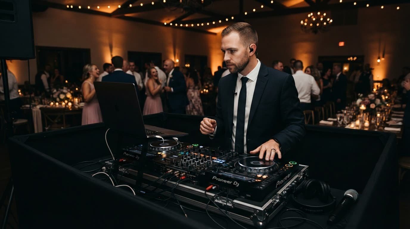 Wedding Party Entrance Songs That Start the Reception Right A DJ prepares a laptop and mixer as guests gather in a warmly lit venue.